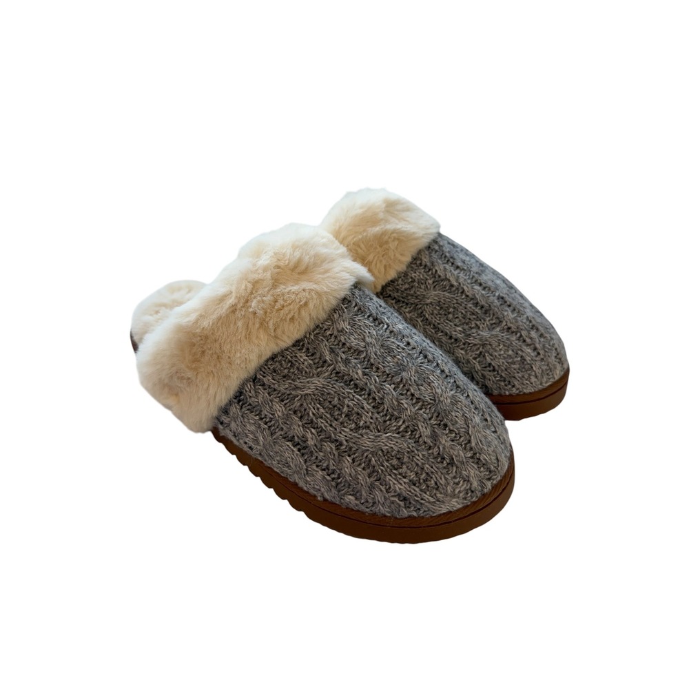 J.Crew Women Grey Cable Knit Slippers Size 7 Faux Fur Lined House Cozy Shoes